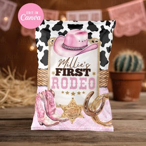 Cowgirl 1st Rodeo Chip Bag: Pink Western Birthday Favor (Editable Canva Printable Template) CWG1