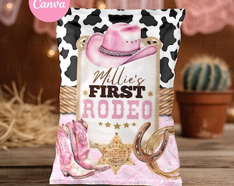Sac à jetons Cowgirl 1er rodéo : cadeau d'anniversaire western rose (modèle imprimable sur toile éditable) CWG1