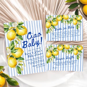 Ciao ベビー シャワー セット 編集可能 Ciao Bambino バンビーナ 招待状バンドル イタリア語の本のリクエスト おむつ抽選会 ベビー シャワー Canva CI32 で編集