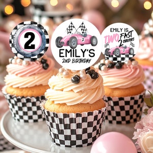 Editable Race Car Cupcake toppers girl Racing Party favor Two Fast 2 curious Birthday Cake topper racing Pink Car Digital Template RCP6