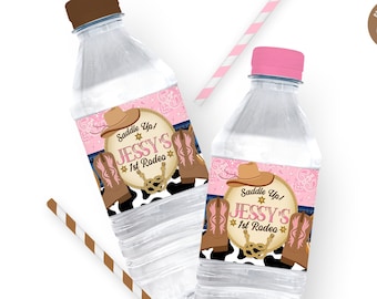 Cowgirl Birthday Party water labels wrapper, Printable templates, 1st Rodeo Western beverage drink labels,  Cowboy Corjl Editable labels