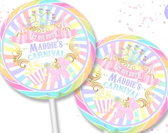 Fun fair Birthday Lollipop labels, Template Printable, Carnival fair Birthday round labels, Circus fair Editable label, Party favor template