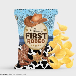 Cowboy Birthday Party chip bag, Template Printable, 1st Rodeo chip bag, Western Cowboy Editable chip bag, Custom Potatoes, Corjl Labels