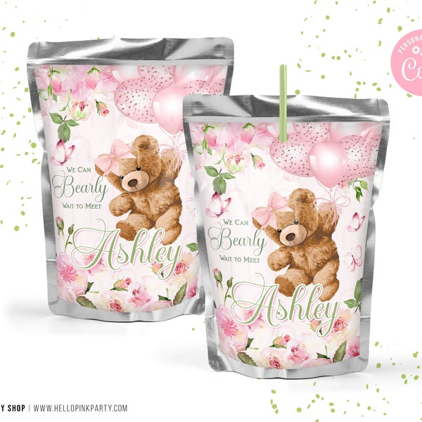 Teddy Bear baby shower juice pouch labels, Printable templates, Teddy bear balloons floral juice labels, Teddy bear Editable custom labels