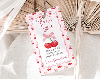 Cherry Baby Shower Favor Tag: Pink Bow, Editable Template (Digital Download) BS220