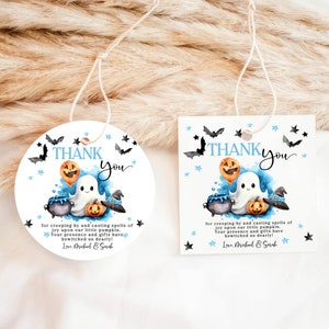 Bewerkbare A Little Boo babyshower rond bedankkaartje Halloween babyshower cirkel en vierkant bedankkaartje blauw Ghost Boy-feestje LBS1
