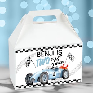 Editable Race Car Favor Box label Boy Racing Party favors two fast 2 curious Birthday Party Decor racing Birthday Blue Car Template TF001