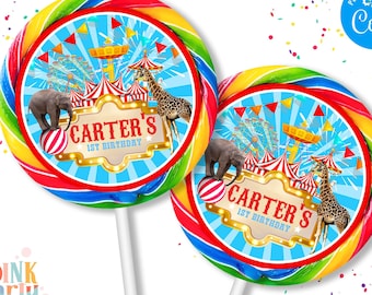Kids Birthday Lollipop labels, Template Printable, kids Birthday round labels, kids Editable sticker labels, Party favors template