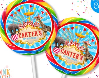 Carnival Kids Birthday Lollipop label Template Printable, Circus kids Birthday round label kids Editable sticker label Party favor template