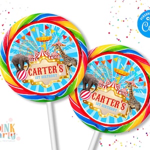 Carnival Kids Birthday Lollipop label Template Printable, Circus kids Birthday round label kids Editable sticker label Party favor template
