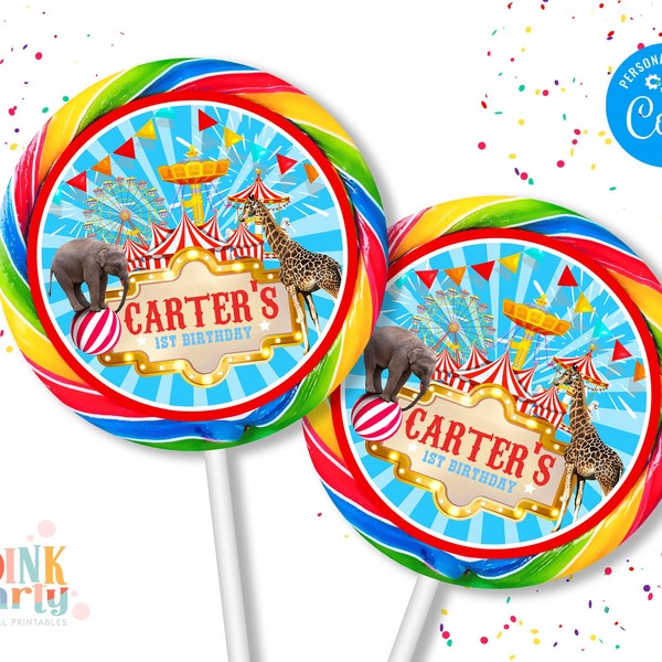 Kids Birthday Lollipop labels, Template Printable, kids Birthday round labels, kids Editable sticker labels, Party favors template