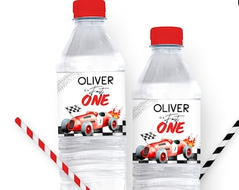Race Car Water Bottle Label: Fast One Birthday Party (Digital Template)