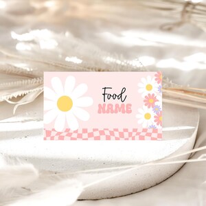 Rótulos de comida editáveis para primeiro aniversário, margarida retrô, tendas de comida para primeira festa, um bebê feliz, menina rosa, modelo para impressão FB105