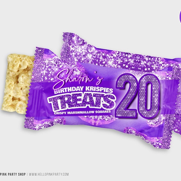 Shades of purple rice treats wrapper Purple birthday rice favors Purple party decorations editable template instant download purple glitter