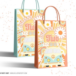 Etiqueta de bolsa de regalo de cumpleaños dos Groovy editable Daisy Hippie Boho Retro Etiqueta de favor Fiesta de cumpleaños Bolsa de regalo Caja IMPRIMIBLE plantilla corjl