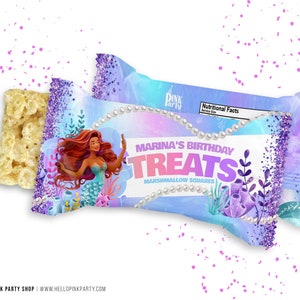 mermaid Birthday rice treats wrapper, Printable templates, under the sea Birthday candy labels, Editable wrapper labels, favor bag wrapper