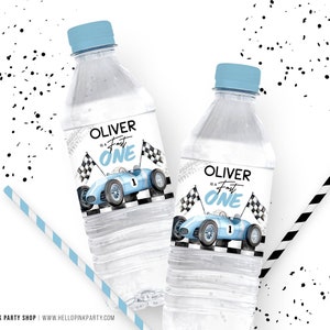 Editable Race Car water label Boy Racing Party favor Fast One Birthday Party Decor racing 1st Birthday Blue Car Digital Corjl Template FO001