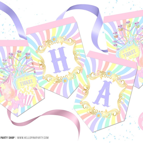 Carnival fun fair Birthday Garland banner, Printable template, Circus Birthday Bunting banner, kids Editable flag banner, Garland template