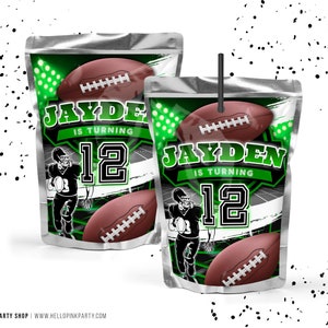 May include: Green and black juice box with a football theme. The box features a football player, a football, and the text "Jayden is turning 12".