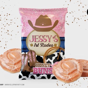 Cowgirl Birthday Honey Buns Snacks bag Template Printable, Rodeo Western Birthday snack bag, Cowboy Editable template party favor labels