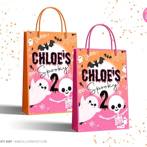 Halloween Birthday gift bag labels, Printable templates, Spooky 2 Birthday treat bag labels, Skeleton Ghost Editable party favors labels