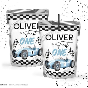 Race Car 1st Birthday Juice Pouch Label: Fast One Party Favor (Digital Template) FO001