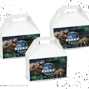 Étiquette de boîte cadeau anniversaire Jurassique Modèle imprimable Emballage de boîte de fête dinosaure Emballage modifiable personnalisé Cadeau dinosaure Décoration JB1