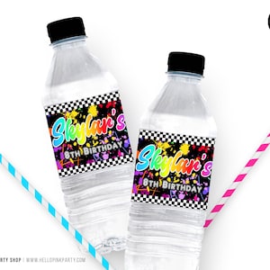 Kunst verjaardagsetiket waterfles: verfspettersfeest (afdrukbare sjabloon)