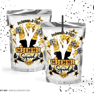 Cheerleading juice pouch labels, Printable templates, Cheer Squad beverage drink labels, Cheerleaders Editable juice pouch labels template
