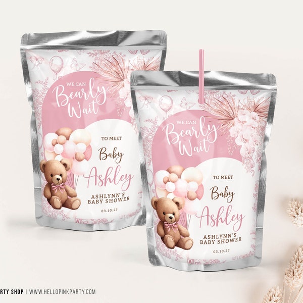Bear Juice pouch label Pink Bear Editable Chocolate Custom bear editable favor for baby shower Boho Girl shower decoration bear balloon BPS1