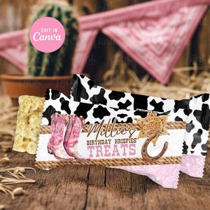 Cowgirl Birthday Rice Treats Wrapper: Pink Rodeo Favor (Editable Canva Template Printable) CWG1