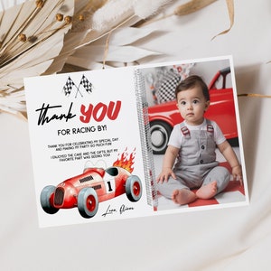 Tarjeta de agradecimiento de cumpleaños de carreras, plantilla de tarjeta de agradecimiento de carreras editable, notas de agradecimiento de coches de carreras imprimibles, fiesta de cumpleaños del niño FO001