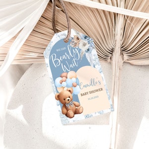 Etichetta per bomboniere orso blu etichetta modificabile per baby shower etichetta personalizzata per regalo boho baby shower orso decorazione per baby shower ragazzo orso etichetta per feste BBT2