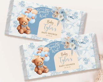 Blue Bear Baby Shower Candy Bar Wrapper: Boho Boy Party Favor (Digital Download) BBT2