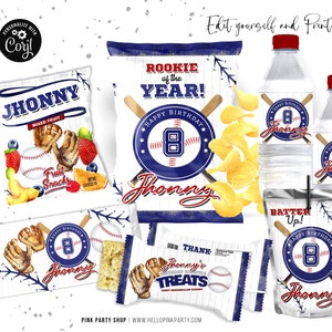 Baseball Geburtstag Party Bundle Kit, Vorlage druckbar, Softball Geburtstag Chip Tasche, Corjl bearbeitbare Etiketten Sport Party Kit Bundle bearbeitbar