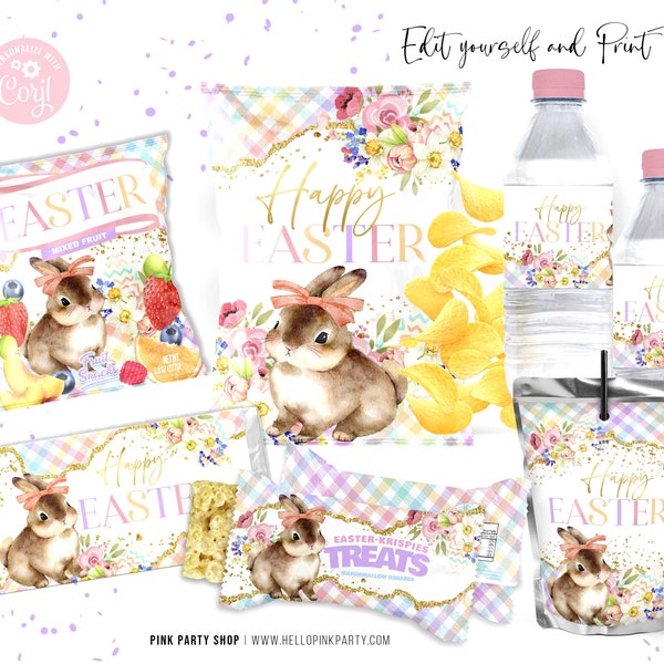 EASTER PRINTABLE BUNDLE Party Bundle Kit, Template Printable, Easter Birthday chip bag, Egg Hunt Editable labels, printable wrapper favors