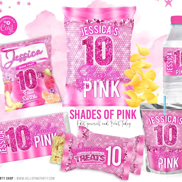 Shades of pink Birthday Party Bundle Kit, Template Printable Pink Birthday chip bag, Corjl Editable label, printable wrapper editable favors