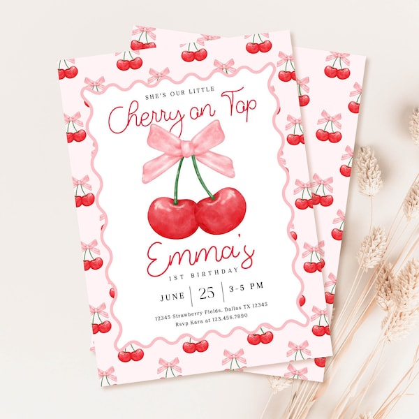 Cherry First Birthday Party Invitation Editable Template Cherries First Birthday Party Invite Girl 1st Birthday Instant Download BP150