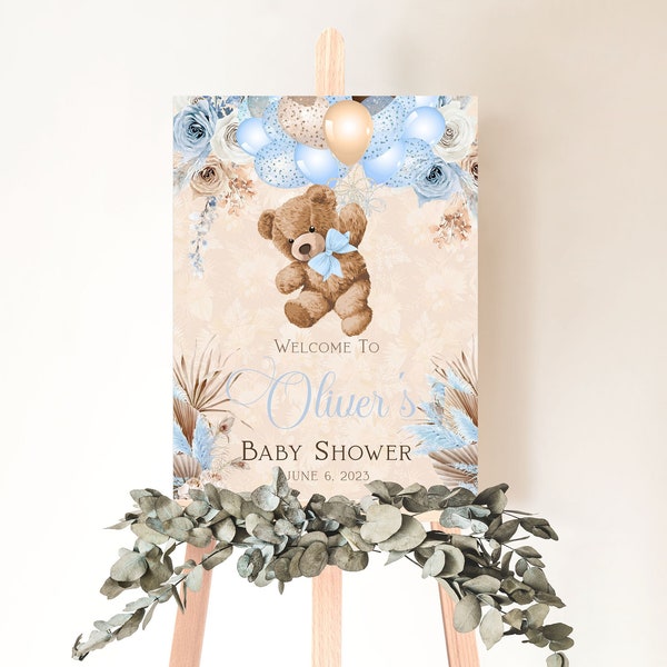 Teddy Bear Balloons Printable Welcome sign Template, Baby shower party sign, Teddy bear Editable Sign Decor, Shower Candy Bar Welcome sign