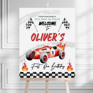 Editable Racing Birthday Welcome Sign Fast One 1st Birthday Race Car Red Birthday Sign Boy Decor Template Corjl PRINTABLE FO001