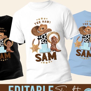 Design della t-shirt della festa di compleanno del cowboy, modello stampabile, t-shirt del primo Rodeo, design a sublimazione dtf modificabile del cowboy occidentale, design della t-shirt