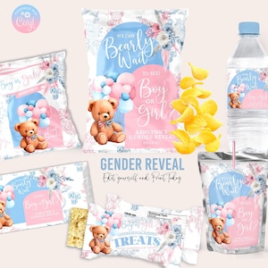 Bär Gender Reveal Bundle Vorlage Boho Bär Rosa und Blau bearbeitbare Gefälligkeiten Etiketten und Verpackungen Bor oder Mädchen minimal modern, wir können kaum warten