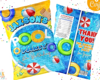 May include: A blue and yellow chip bag with a pool party theme. The bag features a cartoon pool with inflatables, a beach ball, and the text "Jaxson's Pool Party 6th Birthday". The back of the bag has a thank you message and a nutrition facts label.