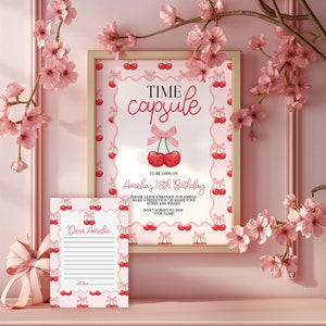 Cápsula do tempo de cereja, sinal e cartão para primeira festa de aniversário, cereja no topo, decorações, arco rosa, menina, editável para impressão, sinal de download BP150