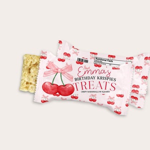 Cherry First Birthday Rice treats Editable template Cherries 1st Birthday favors Cherry on top Girl 1st Birthday Instant Download BP150