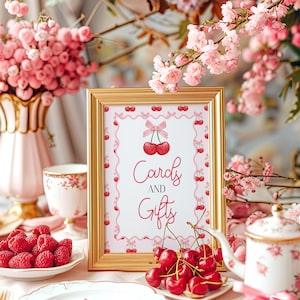 Kirsche Baby Shower Karten und Geschenke Zeichen Kirsche oben Babyparty Rosa Schleife Zeichen Modernes Mädchen-Babyparty Minimal Dekoration Zeichen BS220