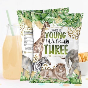 Safari Wild & Three Birthday Chip Bag Template: Jungle Animals (Digital Download)