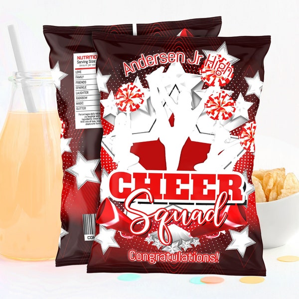 Cheerleader chip bag, Template Printable,Cheer Birthday chip bag, Cheer team Editable chip bag, Chip bag template, Potatoes wrapper chips