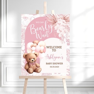 Bearbeitbares Wir können Bärig warten Baby-Dusche-Willkommens-Schild, es ist ein Mädchen-Bär-Ballon-Baby-Dusche-Poster, Boho-Bär-Baby-Dusche-Dekor BPS1