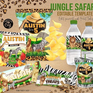 Safari Birthday Party Bundle Kit Editable Template Printable Jungle Birthday chip bag Safari animals Editable label printable wrapper favors